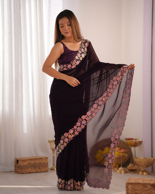 Wine Sequins Embroidered Georgette Party Wear Saree For Women