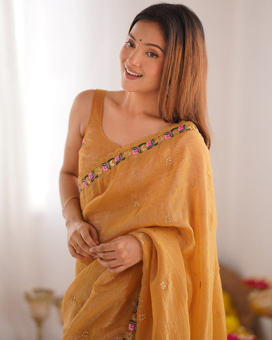 Mustard Floral Embroidered Tissue Fesive Wear Saree For Women