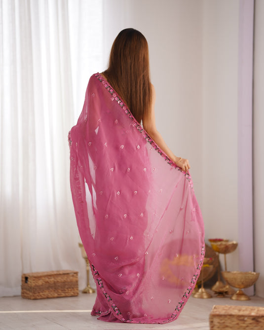 Mustard Floral Embroidered Tissue Fesive Wear Saree For Women