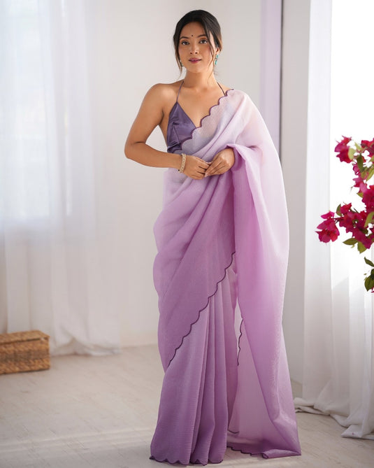Fancy Purple Aarco Lace Work Crunchy Padding Party Wear Saree For Women
