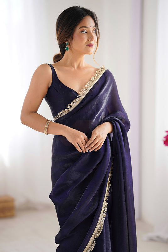 Wine Sequins Hand work Fandy Two Tone Satin Saree For Women