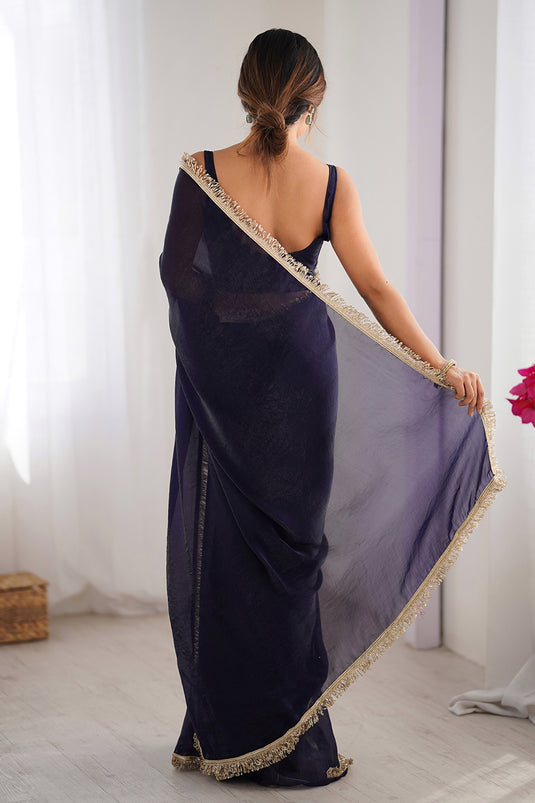 Wine Sequins Hand work Fandy Two Tone Satin Saree For Women