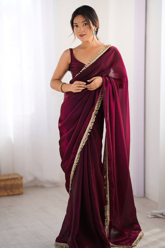 Wine Sequins Hand work Fandy Two Tone Satin Saree For Women
