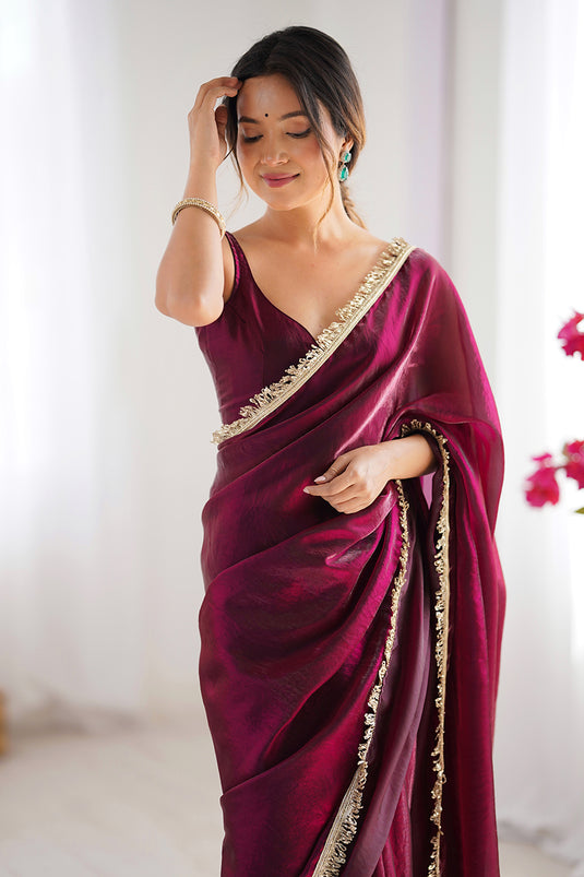 Wine Sequins Hand work Fandy Two Tone Satin Saree For Women