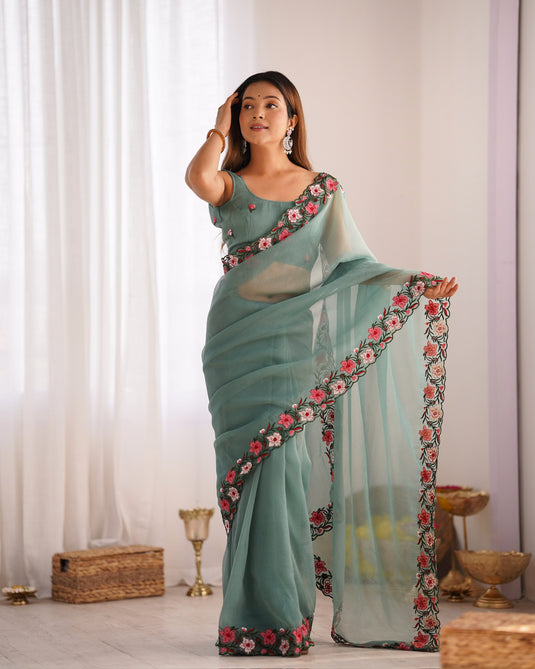Blue Floral Embroidered Tissue Festive Wear Saree For Women