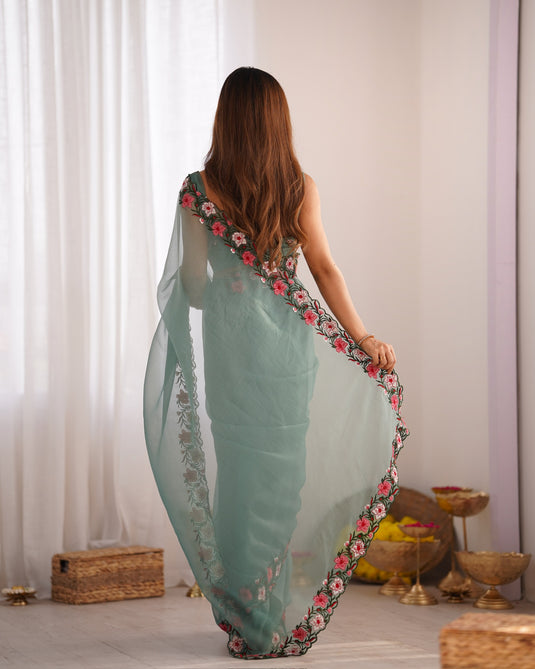 Blue Floral Embroidered Tissue Festive Wear Saree For Women