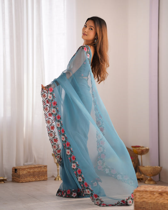 Blue Floral Embroidered Tissue Festive Wear Saree For Women