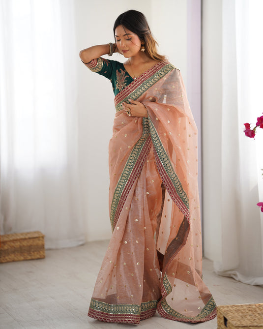 Peach Sequins Embroidered Organza Festive Wear Saree For Women