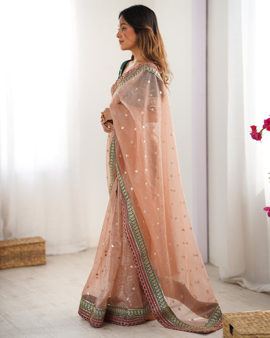 Peach Sequins Embroidered Organza Festive Wear Saree For Women