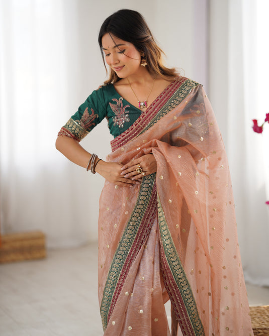 Peach Sequins Embroidered Organza Festive Wear Saree For Women