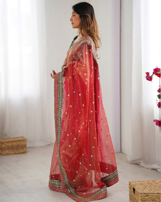 Peach Sequins Embroidered Organza Festive Wear Saree For Women