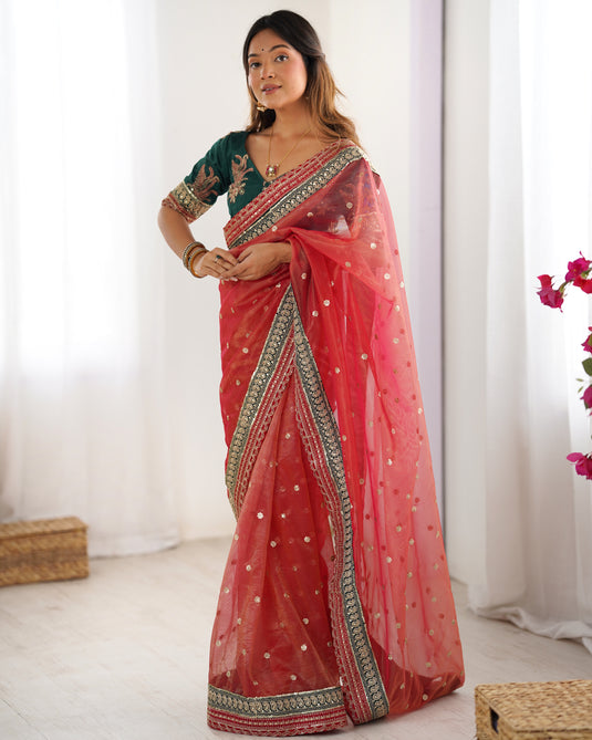 Peach Sequins Embroidered Organza Festive Wear Saree For Women