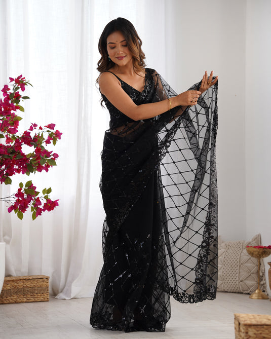 Black Sequins Embroidered Net Party Wear Saree For Women