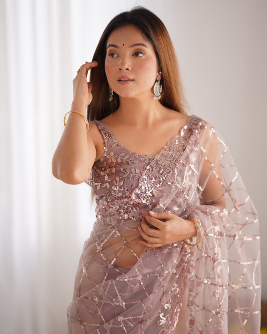 Black Sequins Embroidered Net Party Wear Saree For Women