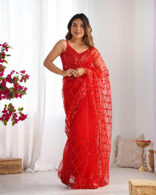 Black Sequins Embroidered Net Party Wear Saree For Women