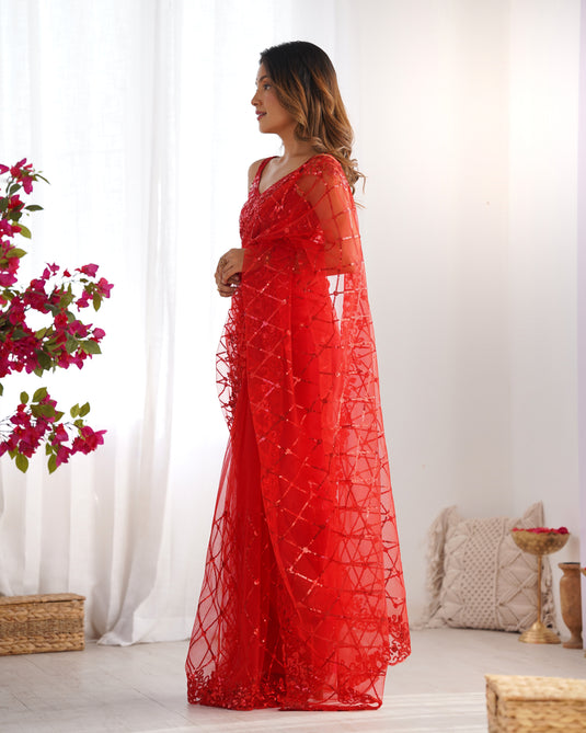 Black Sequins Embroidered Net Party Wear Saree For Women