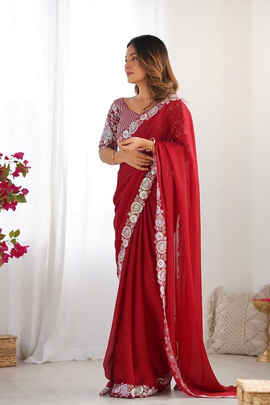 Red Sequins Embroidered Satin Chiffon Festive Wear Saree For Women