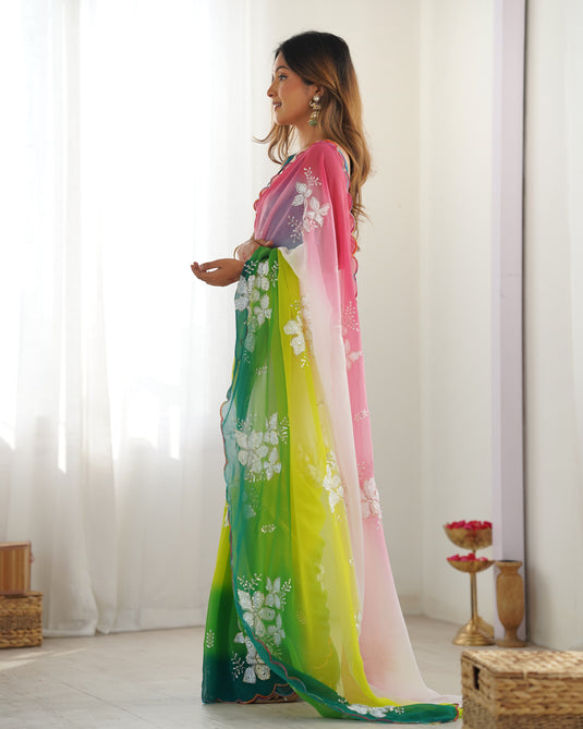 Multicolor Sequins Embroidered Georgette Padding Festive Wear Saree For Women