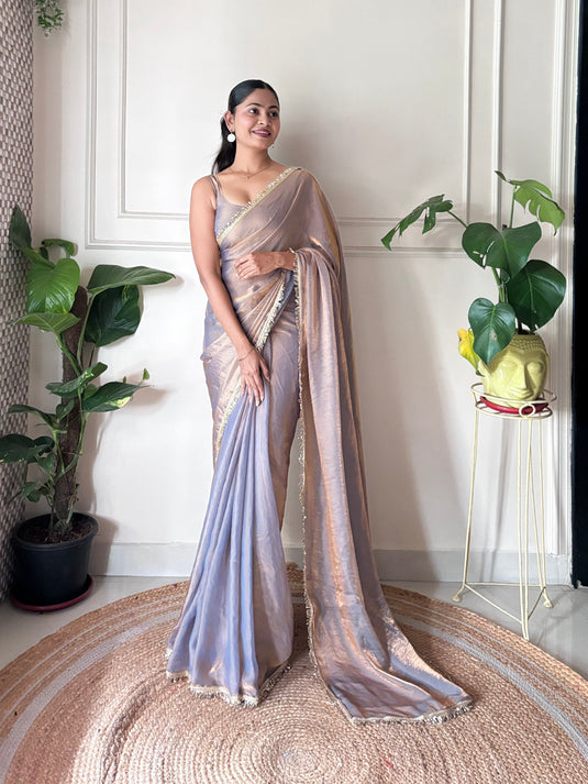 Purple Embellished Satin Party Wear Saree For Women