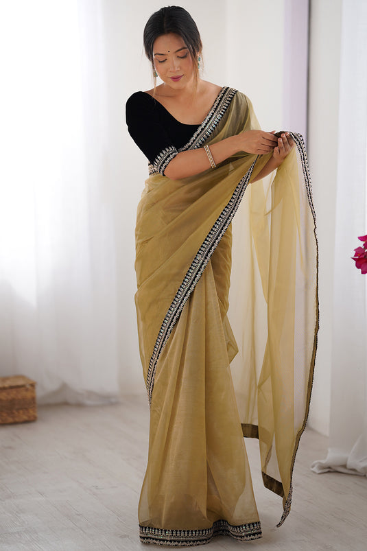 Beige Sequins Embroidered Twill Net Party Wear Saree For Women