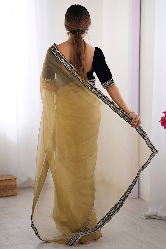 Beige Sequins Embroidered Twill Net Party Wear Saree For Women