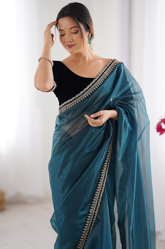 Beige Sequins Embroidered Twill Net Party Wear Saree For Women