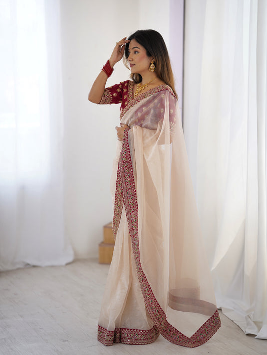 Cream Sequins Embroidered Twill Net Banarasi Crush Saree For Women