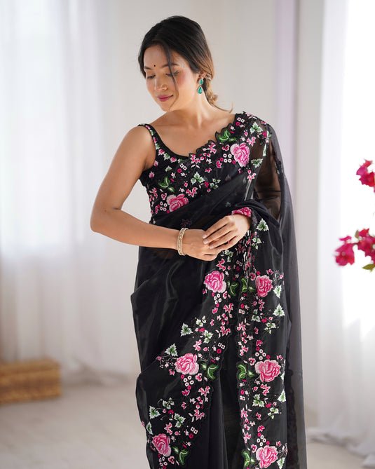 White Embroidered Chiffon Festive Wear Saree For Women