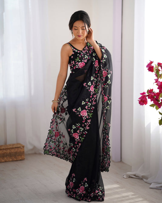 White Embroidered Chiffon Festive Wear Saree For Women