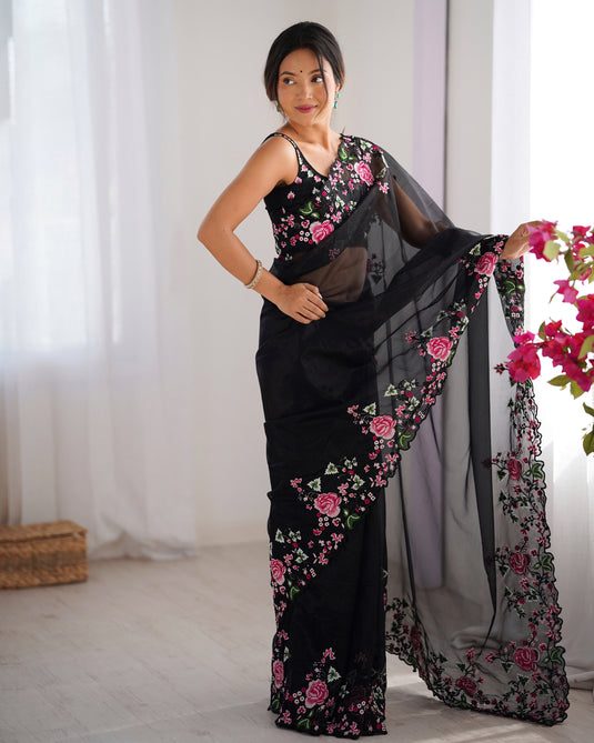 White Embroidered Chiffon Festive Wear Saree For Women