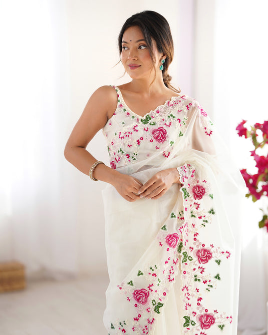 White Embroidered Chiffon Festive Wear Saree For Women