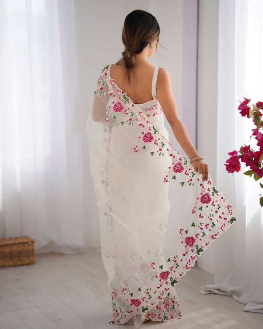 White Embroidered Chiffon Festive Wear Saree For Women