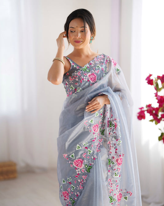 White Embroidered Chiffon Festive Wear Saree For Women