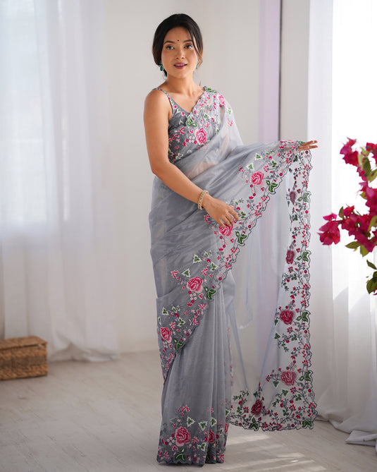 White Embroidered Chiffon Festive Wear Saree For Women