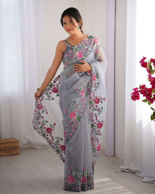 White Embroidered Chiffon Festive Wear Saree For Women