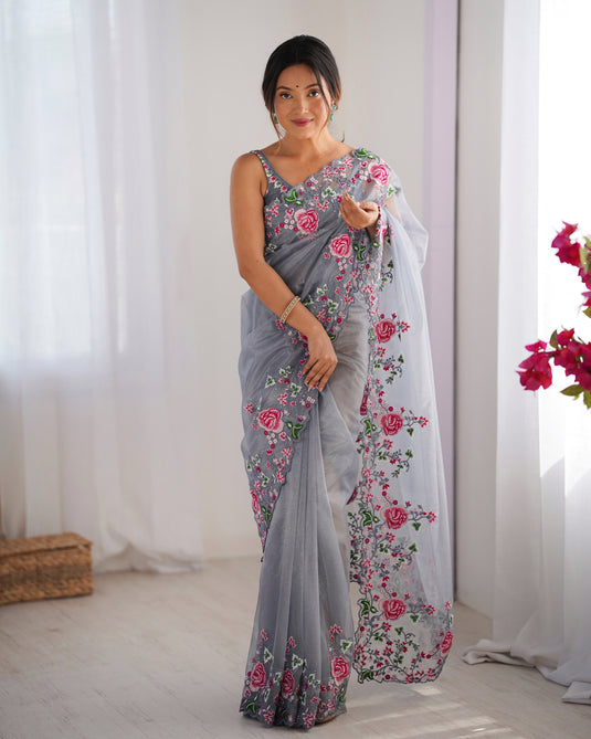 White Embroidered Chiffon Festive Wear Saree For Women