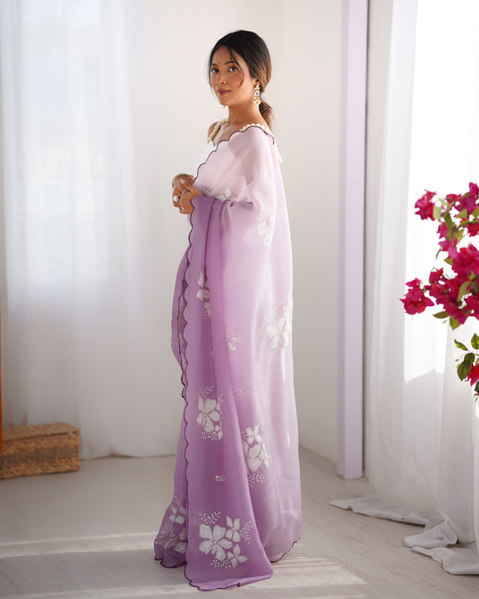 Purple Sequins Embroidered Candy Crush Padding Party Wear Saree For Women