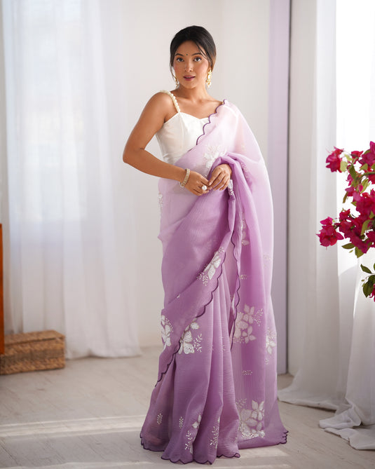 Purple Sequins Embroidered Candy Crush Padding Party Wear Saree For Women