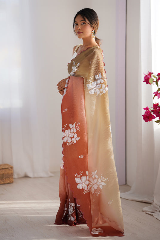 Beige Dual Sequins Embroidered Crunchy Crush Padding Party Wear Saree For Women