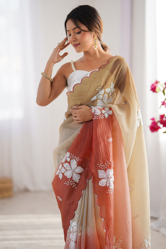 Beige Dual Sequins Embroidered Crunchy Crush Padding Party Wear Saree For Women