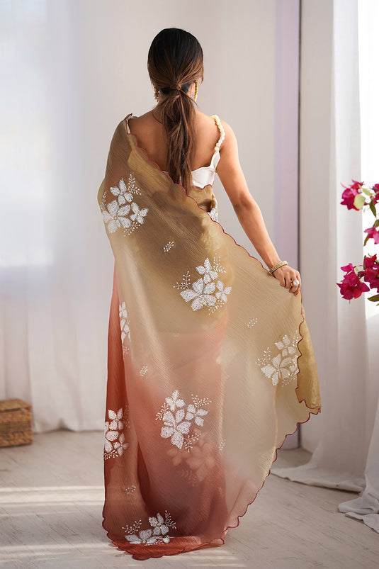 Beige Dual Sequins Embroidered Crunchy Crush Padding Party Wear Saree For Women