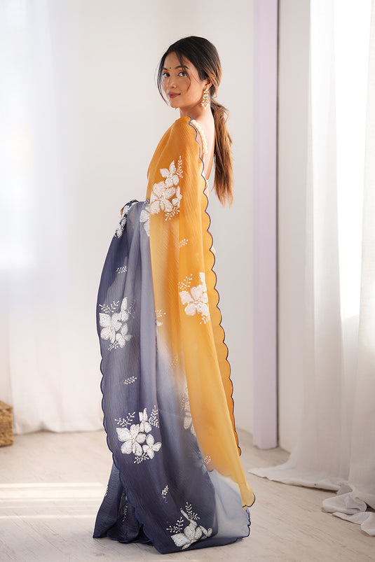 Beige Dual Sequins Embroidered Crunchy Crush Padding Party Wear Saree For Women