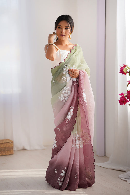 Beige Dual Sequins Embroidered Crunchy Crush Padding Party Wear Saree For Women