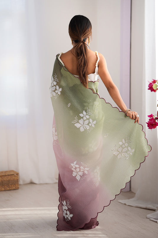 Beige Dual Sequins Embroidered Crunchy Crush Padding Party Wear Saree For Women