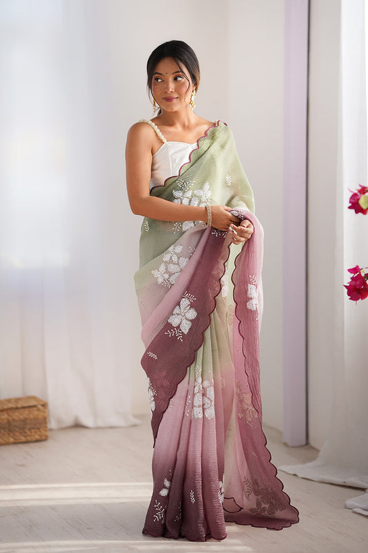 Beige Dual Sequins Embroidered Crunchy Crush Padding Party Wear Saree For Women