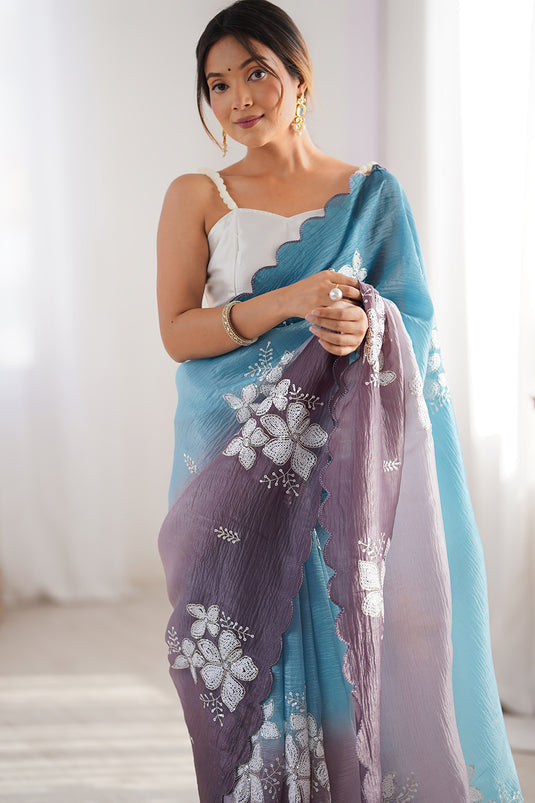 Beige Dual Sequins Embroidered Crunchy Crush Padding Party Wear Saree For Women