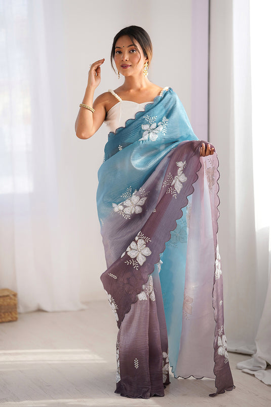 Beige Dual Sequins Embroidered Crunchy Crush Padding Party Wear Saree For Women