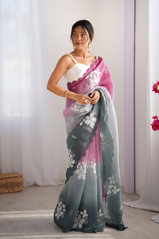 Beige Dual Sequins Embroidered Crunchy Crush Padding Party Wear Saree For Women