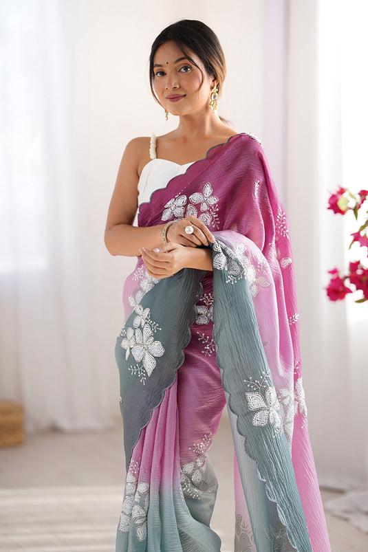 Beige Dual Sequins Embroidered Crunchy Crush Padding Party Wear Saree For Women