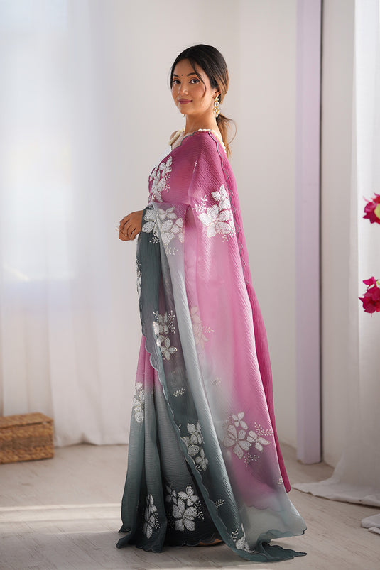 Beige Dual Sequins Embroidered Crunchy Crush Padding Party Wear Saree For Women